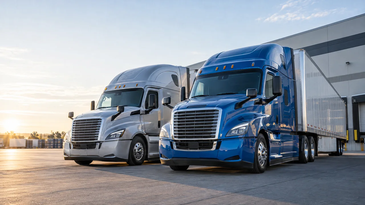 Illustrative image of semi-trucks parked in a logistics yard